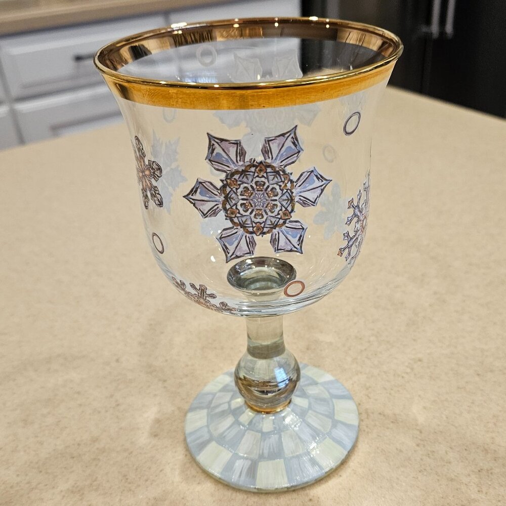 RARE MACKENZIE CHILDS CHRISTMAS SNOWFALL SNOWFLAKE GOLD WATER BAR GLASS GOBLET